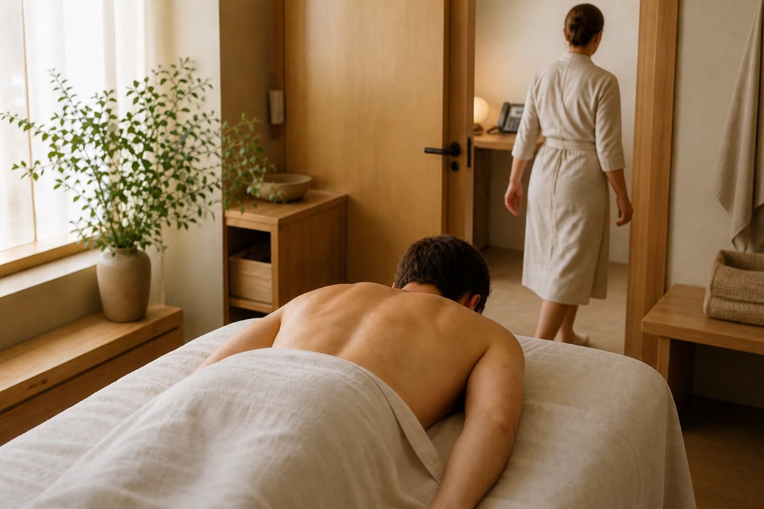 Praticienne quittant une cabine et laissant son client sur la table de massage