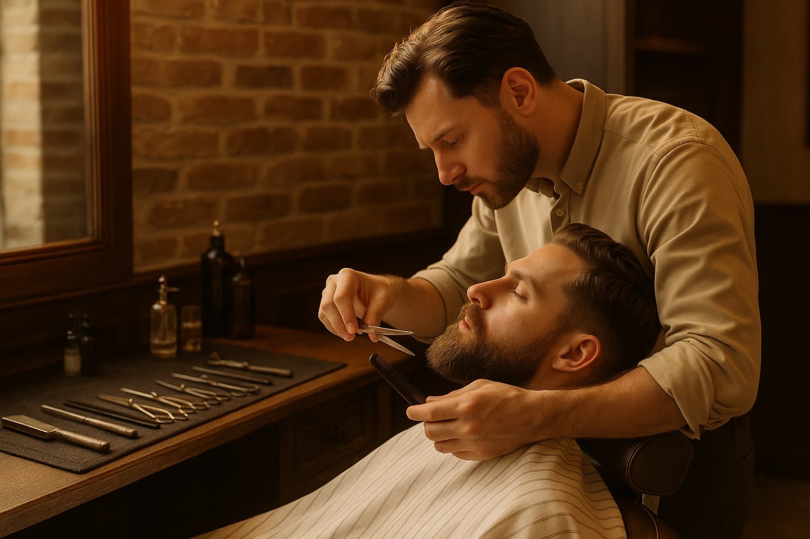 Barbier taillant la barbe d'un client dans un barbershop chaleureux