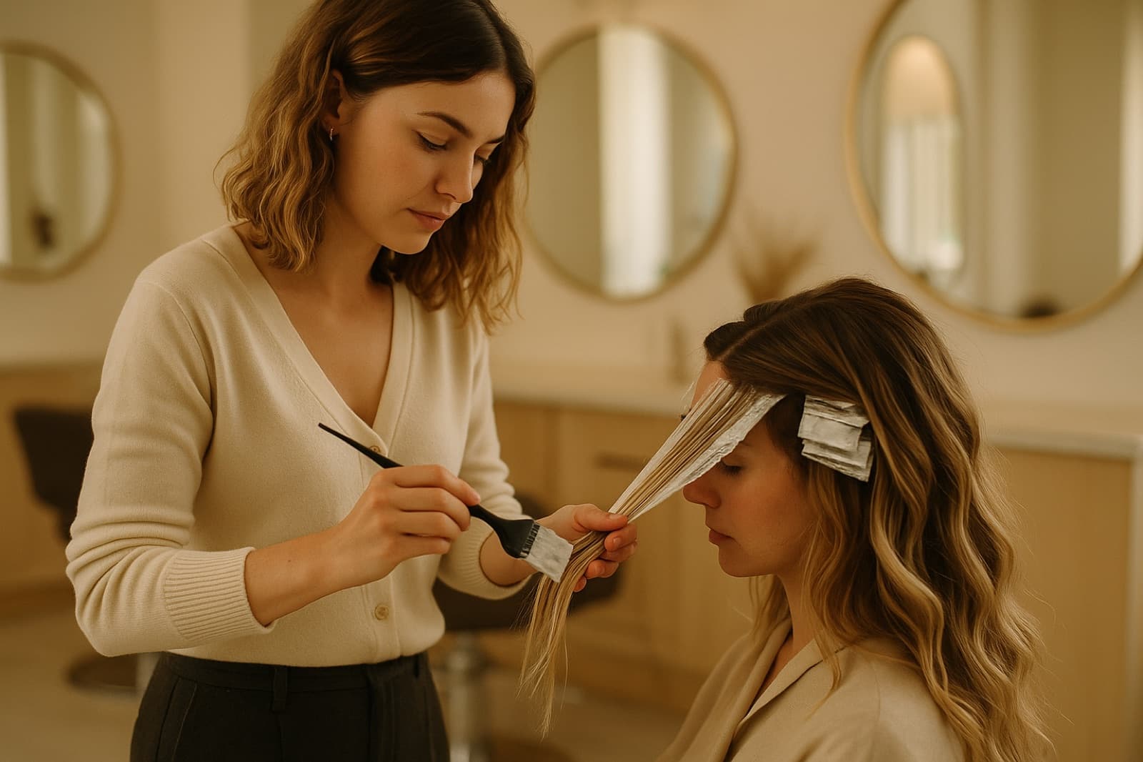 Coloriste appliquant un balayage dans un salon de coiffure lumineux