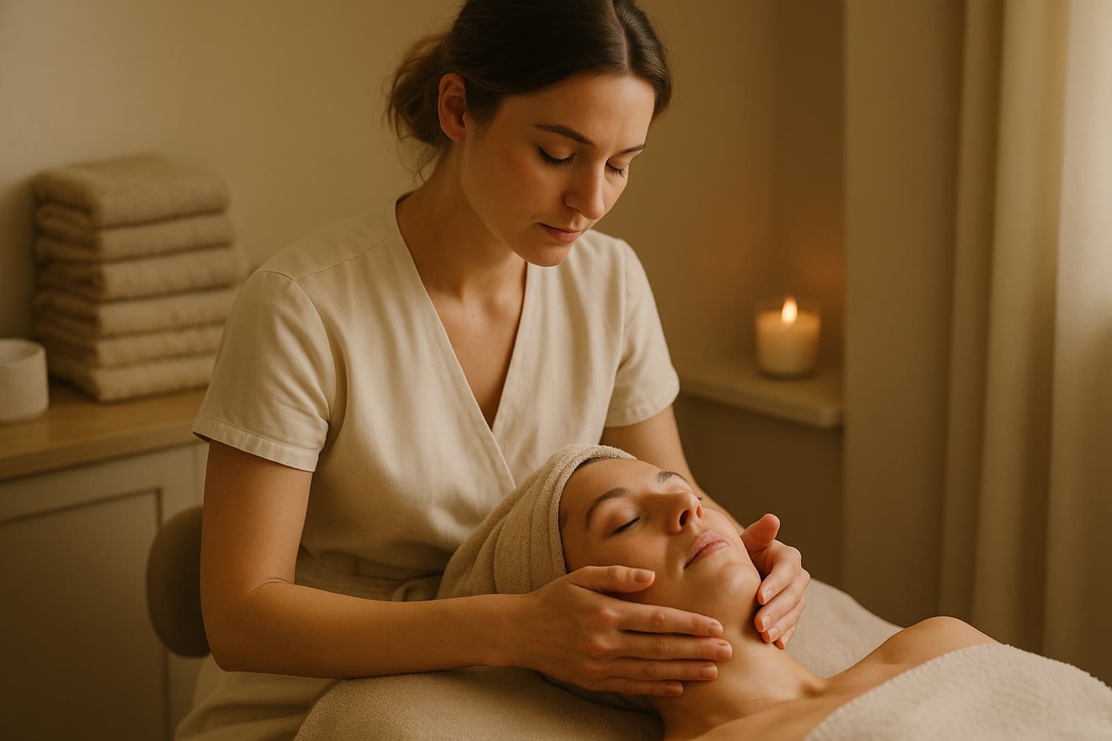 Esthéticienne concentrée pendant un soin du visage, dans le calme de sa cabine