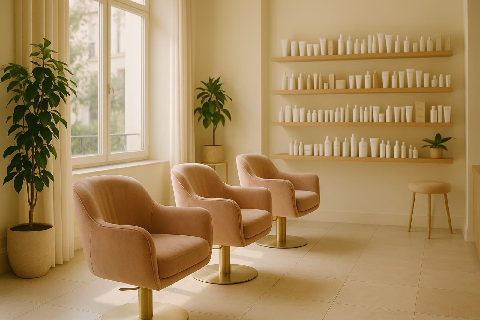 Fauteuils roses et étagères de soins dans un salon de beauté baigné de lumière