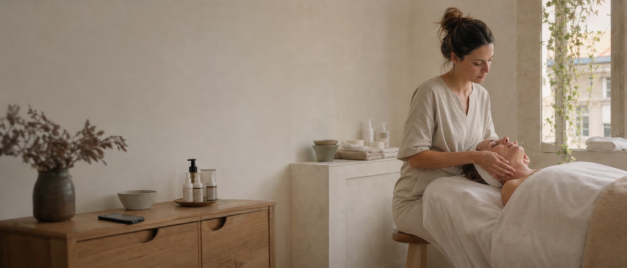 Esthéticienne réalisant un soin du visage tandis que le téléphone reste posé sur le meuble de la cabine