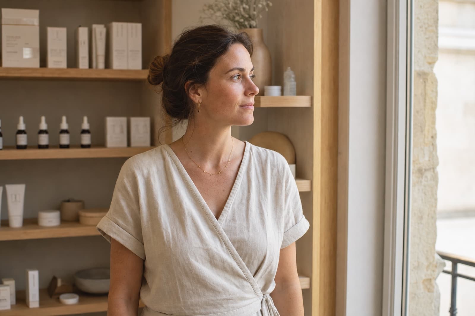 Esthéticienne indépendante dans son institut cosy, rangeant ses produits de soin