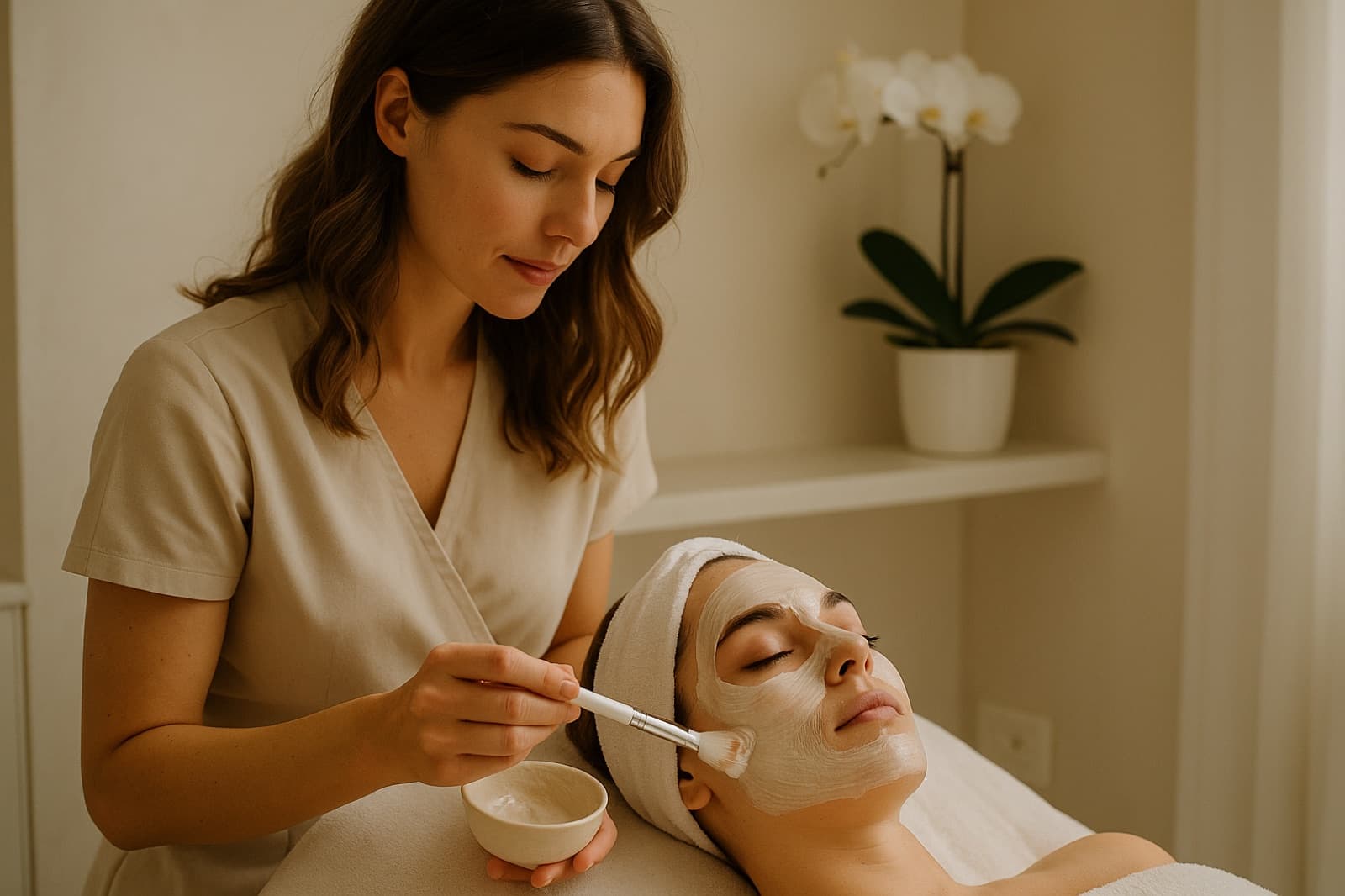 Esthéticienne appliquant un masque au pinceau sur le visage d'une cliente en cabine