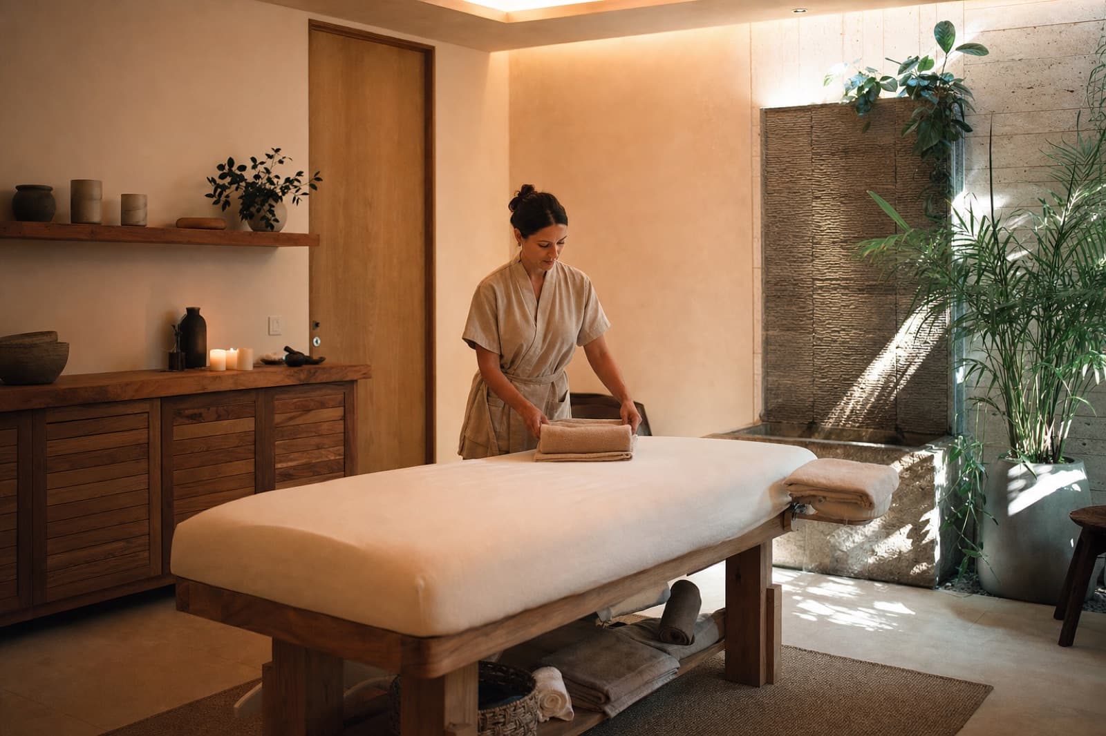 Praticienne massant le dos d'une cliente dans un spa tamisé et serein